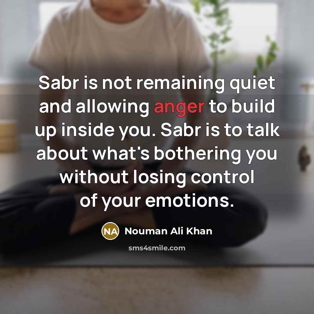 “Sabr is not remaining quiet and allowing anger to build up inside you. Sabr is to talk about what's bothering you without losing control of your emotions.” quote by Nouman Ali Khan