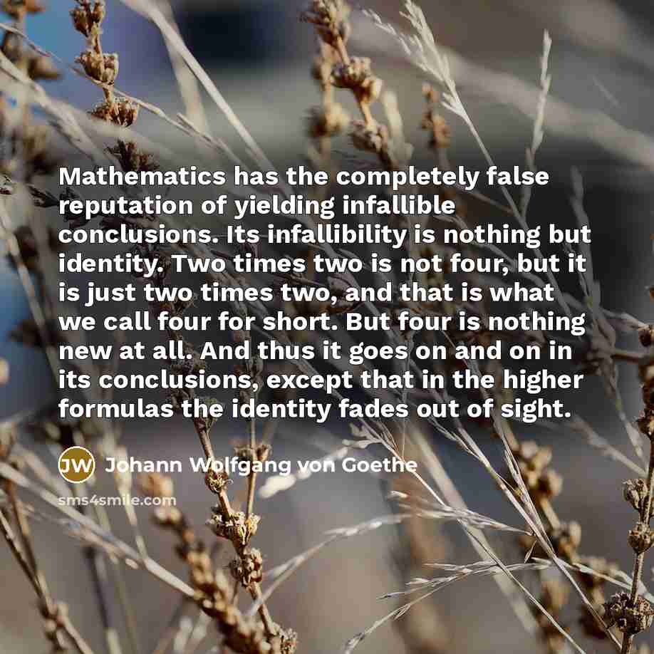 “Mathematics has the completely false reputation of yielding infallible conclusions. Its infallibility is nothing but identity. Two times two is not four, but it is just two times two, and that is what we call four for short. But four is nothing new at all. And thus it goes on and on in its…” quote by Johann Wolfgang von Goethe
