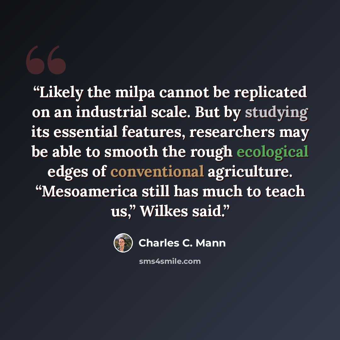 “Likely the milpa cannot be replicated on an industrial scale. But by studying its essential features, researchers may be able to smooth the rough ecological edges of conventional agriculture. “Mesoamerica still has much to teach us,” Wilkes said.” quote by Charles C. Mann