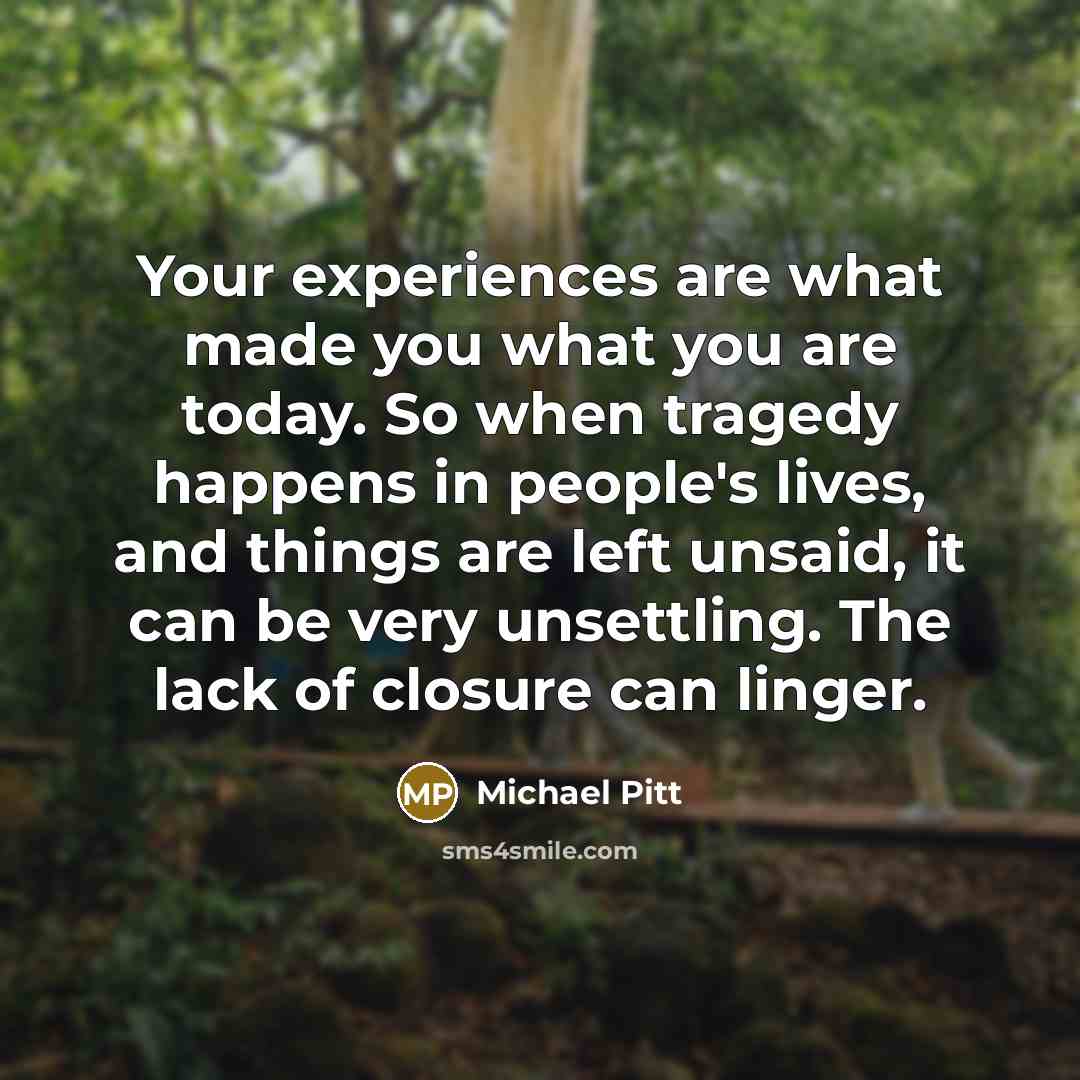 “Your experiences are what made you what you are today. So when tragedy happens in people's lives, and things are left unsaid, it can be very unsettling. The lack of closure can linger.” quote by Michael Pitt