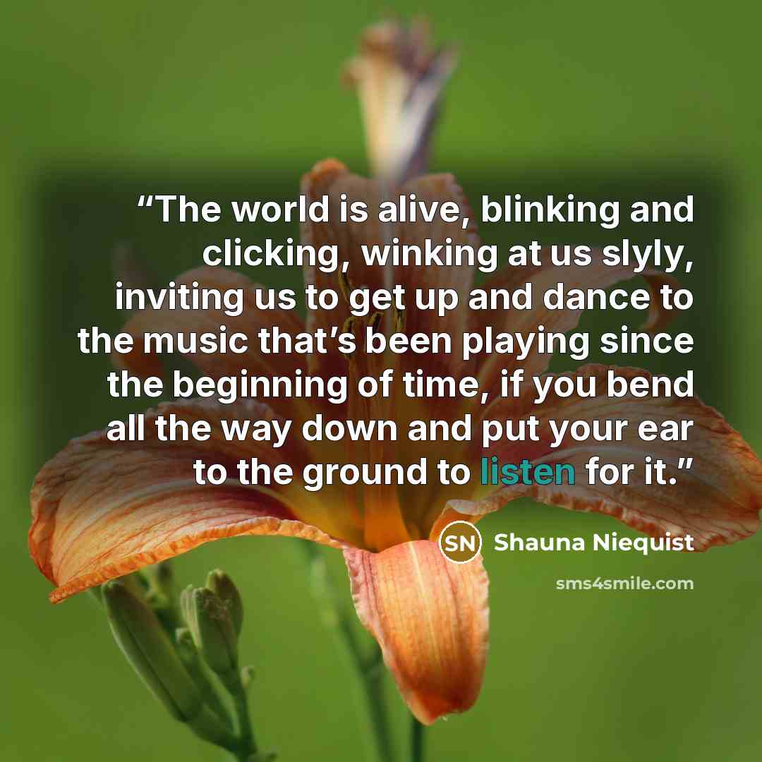 “The world is alive, blinking and clicking, winking at us slyly, inviting us to get up and dance to the music that’s been playing since the beginning of time, if you bend all the way down and put your ear to the ground to listen for it.” quote by Shauna Niequist