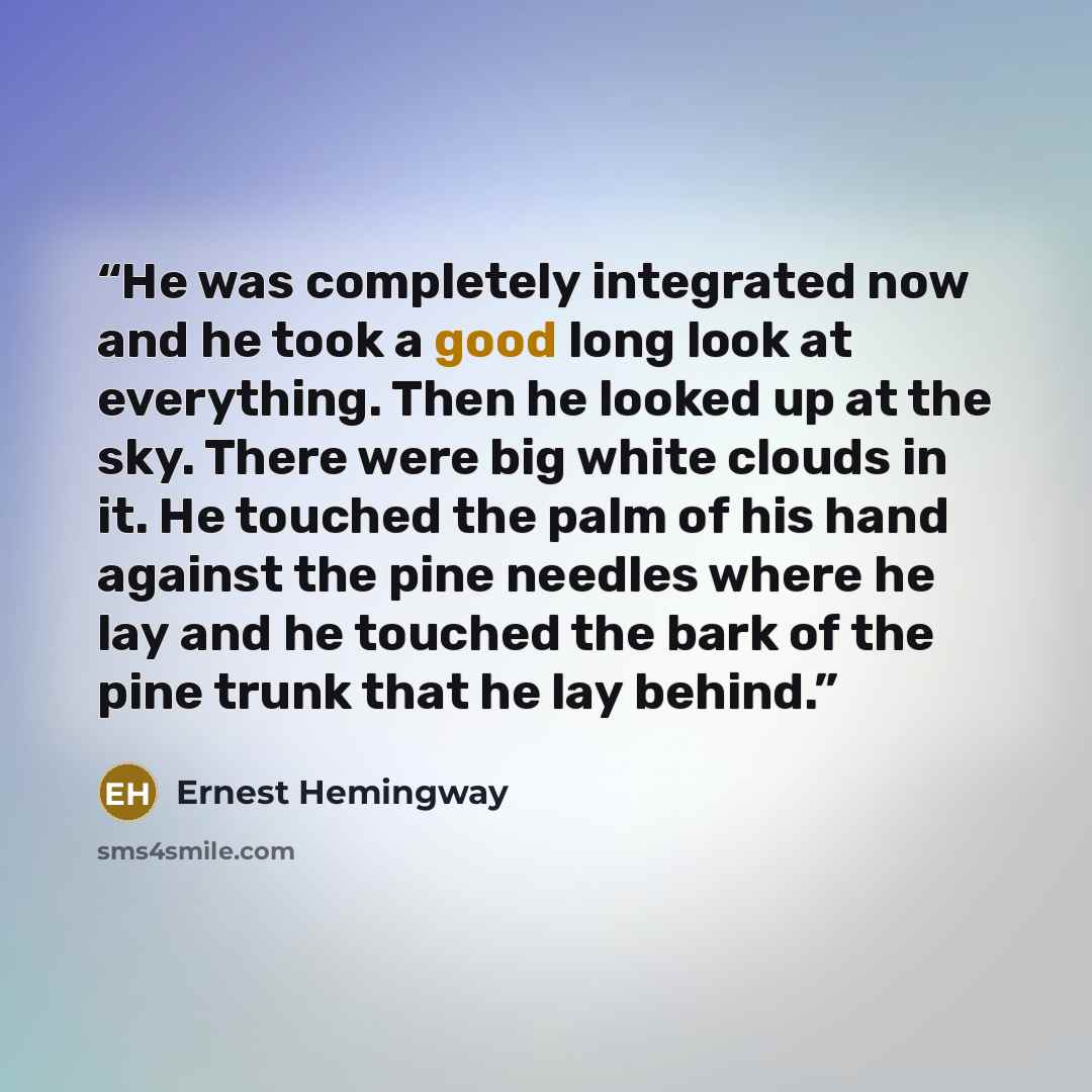 “He was completely integrated now and he took a good long look at everything. Then he looked up at the sky. There were big white clouds in it. He touched the palm of his hand against the pine needles where he lay and he touched the bark of the pine trunk that he lay behind.” quote by Ernest Hemingway