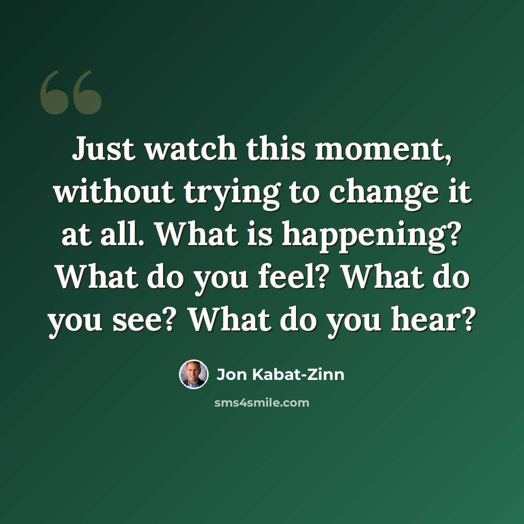 “Just watch this moment, without trying to change it at all. What is happening? What do you feel? What do you see? What do you hear?” quote by Jon Kabat-Zinn