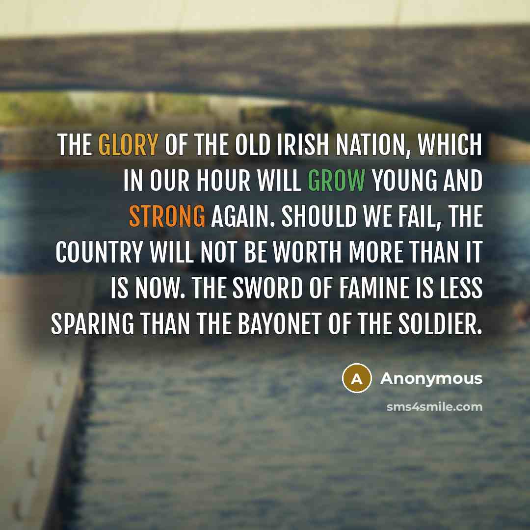 “The glory of the old Irish nation, which in our hour will grow young and strong again. Should we fail, the country will not be worth more than it is now. The sword of famine is less sparing than the bayonet of the soldier.” quote by Anonymous