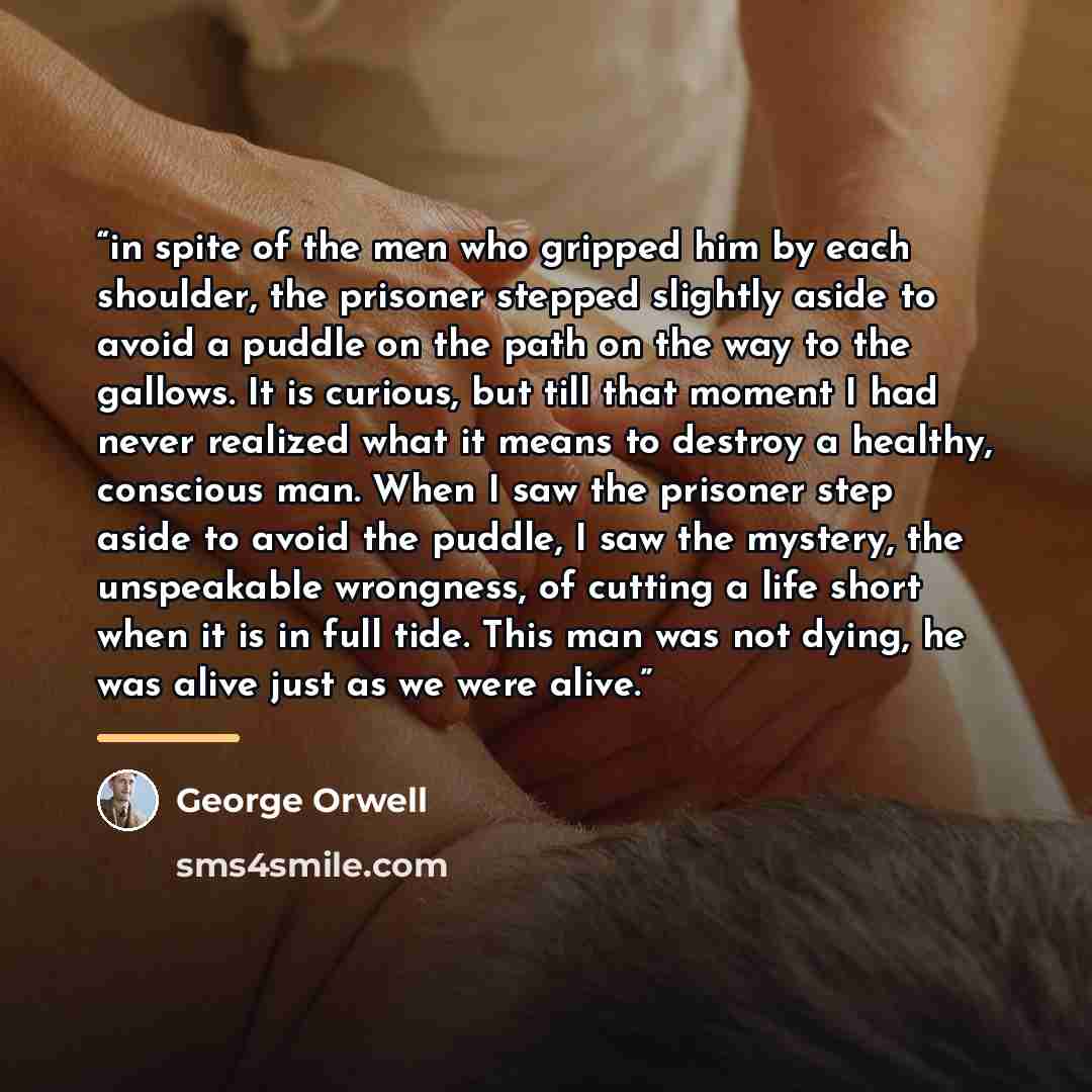 “in spite of the men who gripped him by each shoulder, the prisoner stepped slightly aside to avoid a puddle on the path on the way to the gallows. It is curious, but till that moment I had never realized what it means to destroy a healthy, conscious man. When I saw the prisoner step aside to avoid…” quote by George Orwell
