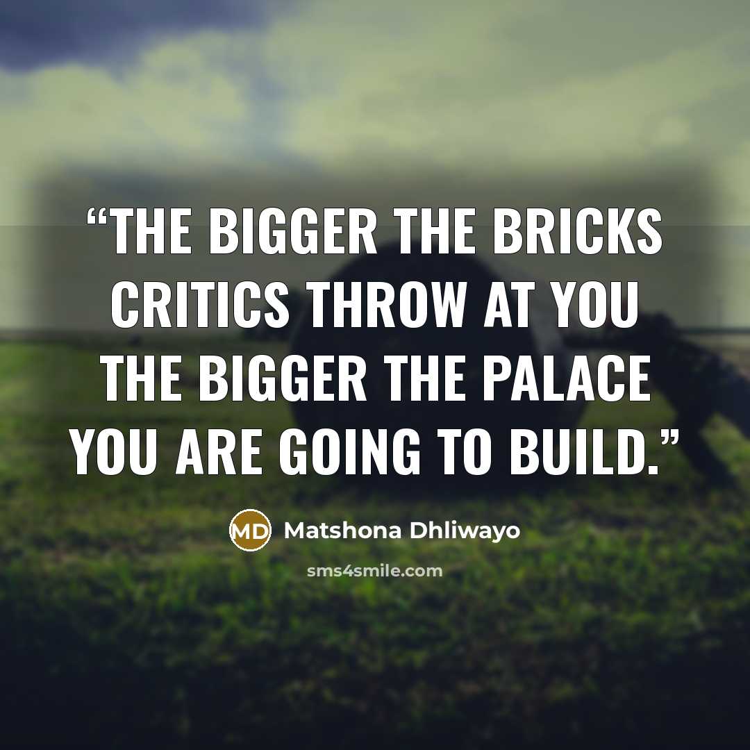 “The bigger the bricks critics throw at you the bigger the palace you are going to build.” quote by Matshona Dhliwayo