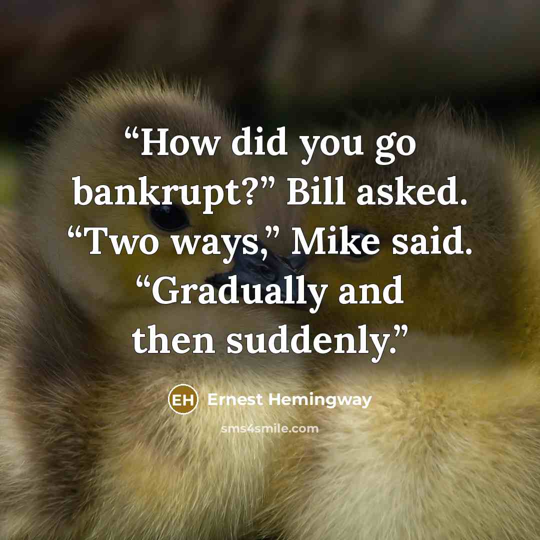 “How did you go bankrupt?” Bill asked. “Two ways,” Mike said. “Gradually and then suddenly.” quote by Ernest Hemingway