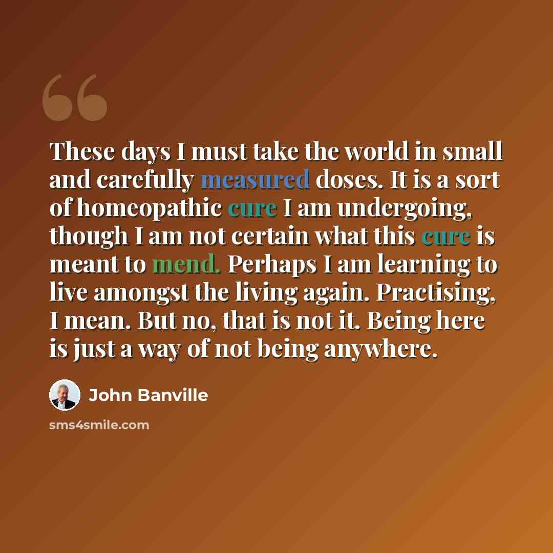 “These days I must take the world in small and carefully measured doses. It is a sort of homeopathic cure I am undergoing, though I am not certain what this cure is meant to mend. Perhaps I am learning to live amongst the living again. Practising, I mean. But no, that is not it. Being here is just…” quote by John Banville
