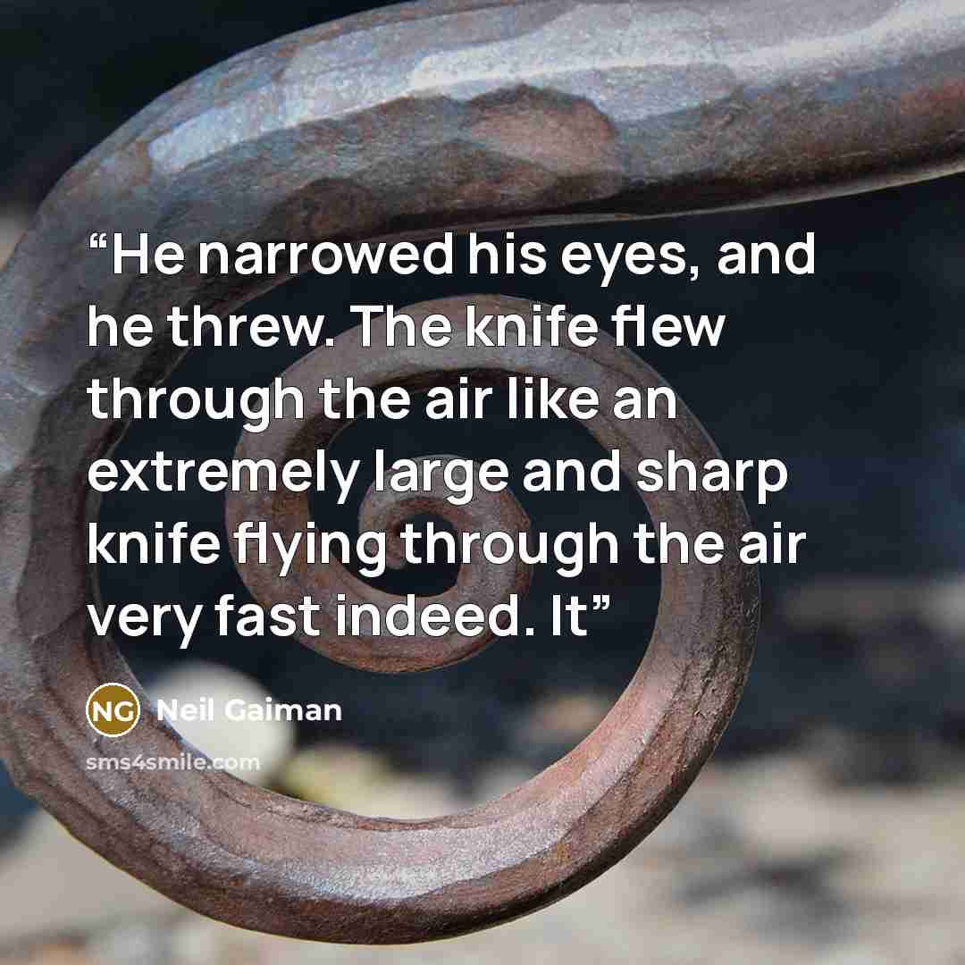 “He narrowed his eyes, and he threw. The knife flew through the air like an extremely large and sharp knife flying through the air very fast indeed. It” quote by Neil Gaiman
