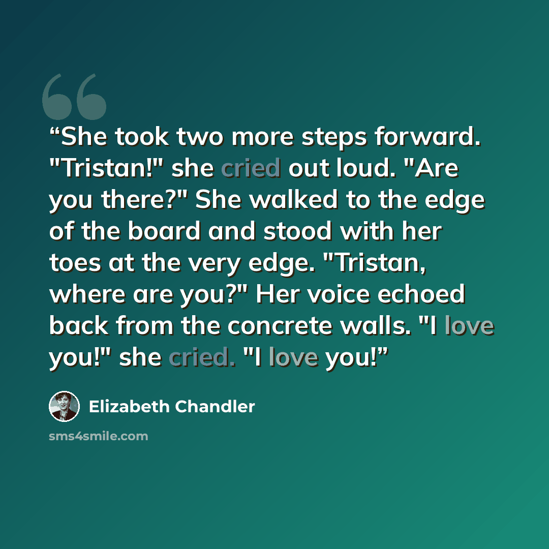 “She took two more steps forward. "Tristan!" she cried out loud. "Are you there?" She walked to the edge of the board and stood with her toes at the very edge. "Tristan, where are you?" Her voice echoed back from the concrete walls. "I love you!" she cried. "I love you!” quote by Elizabeth Chandler