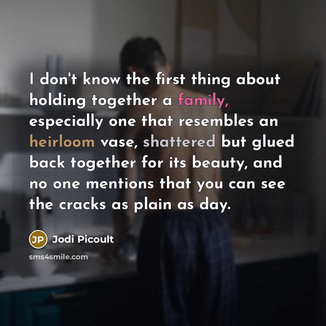 “I don't know the first thing about holding together a family, especially one that resembles an heirloom vase, shattered but glued back together for its beauty, and no one mentions that you can see the cracks as plain as day.” quote by Jodi Picoult