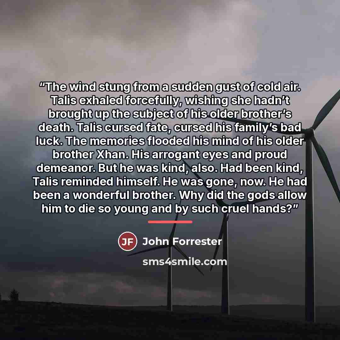 “The wind stung from a sudden gust of cold air. Talis exhaled forcefully, wishing she hadn’t brought up the subject of his older brother’s death. Talis cursed fate, cursed his family’s bad luck. The memories flooded his mind of his older brother Xhan. His arrogant eyes and proud demeanor. But he…” quote by John Forrester