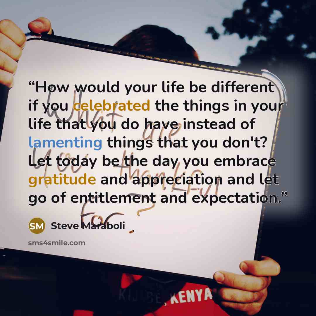 “How would your life be different if you celebrated the things in your life that you do have instead of lamenting things that you don't? Let today be the day you embrace gratitude and appreciation and let go of entitlement and expectation.” quote by Steve Maraboli
