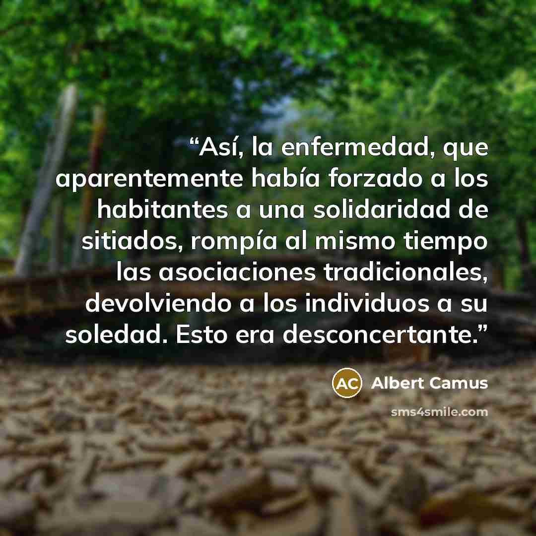“Así, la enfermedad, que aparentemente había forzado a los habitantes a una solidaridad de sitiados, rompía al mismo tiempo las asociaciones tradicionales, devolviendo a los individuos a su soledad. Esto era desconcertante.” quote by Albert Camus