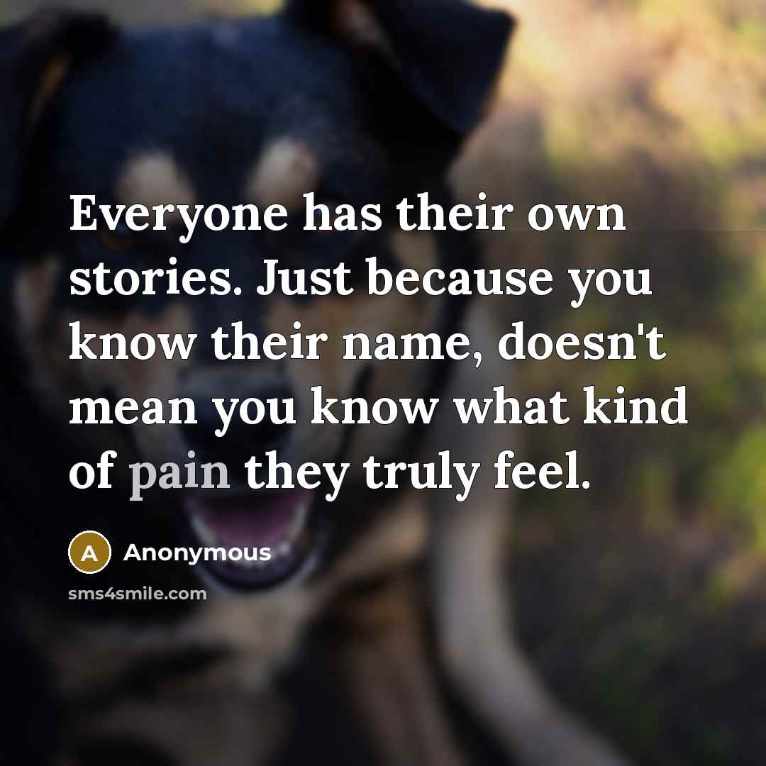 “Everyone has their own stories. Just because you know their name, doesn't mean you know what kind of pain they truly feel.” quote by Anonymous