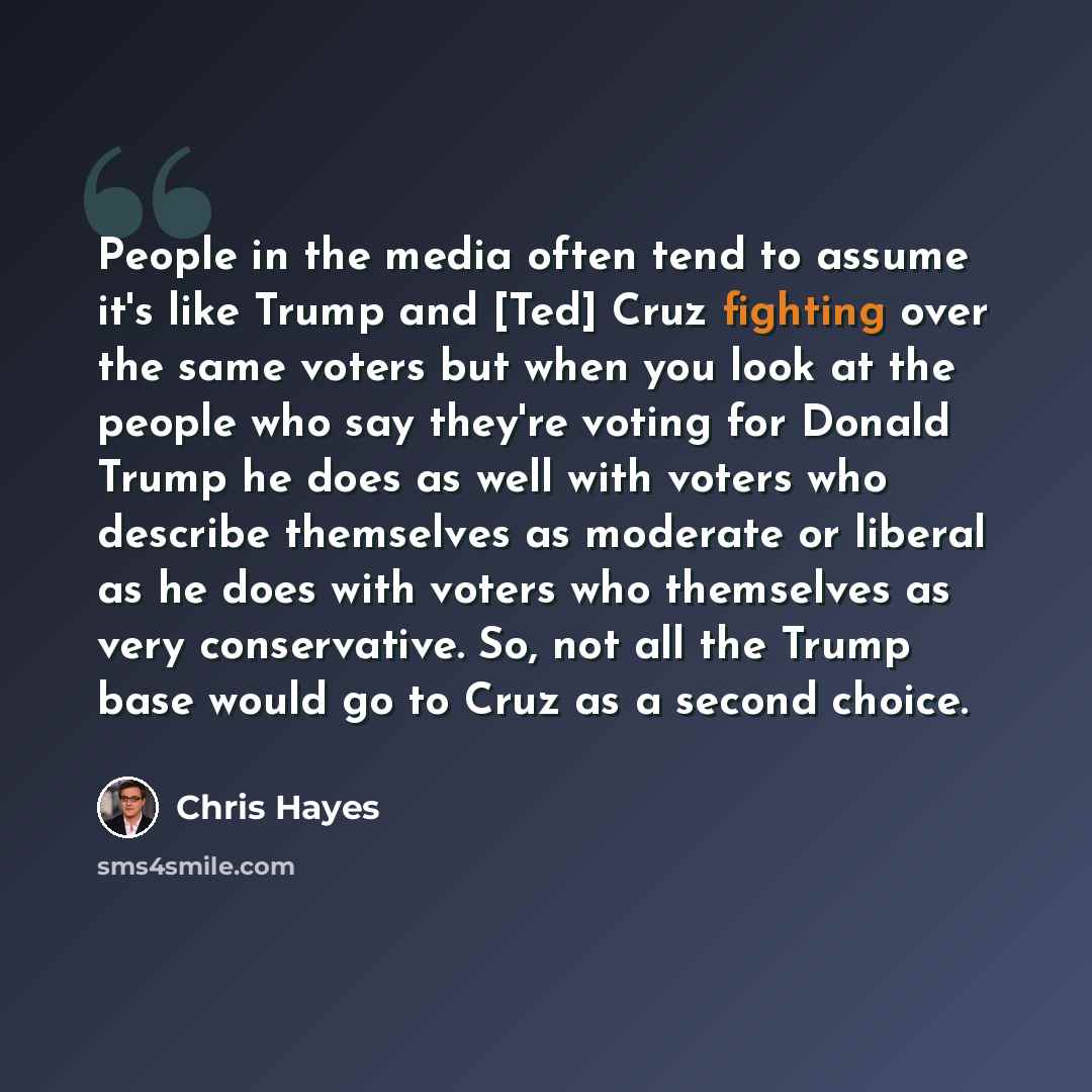“People in the media often tend to assume it's like Trump and [Ted] Cruz fighting over the same voters but when you look at the people who say they're voting for Donald Trump he does as well with voters who describe themselves as moderate or liberal as he does with voters who themselves as very…” quote by Chris Hayes