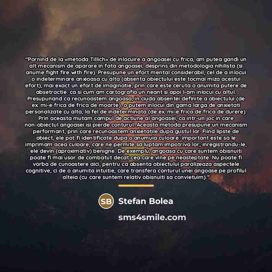 “Pornind de la «metoda Tillich» de inlocuire a angoasei cu frica, am putea gandi un alt mecanism de aparare in fata angoasei, desprins din metodologia nihilista (si anume fight fire with fire). Presupune un efort mental considerabil, cel de a inlocui o indeterminare anxioasa cu alta (absenta…” quote by Stefan Bolea