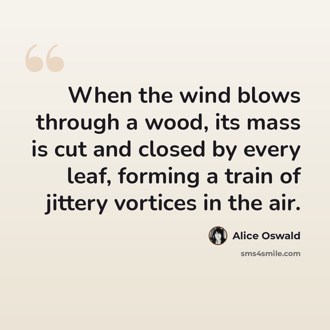 “When the wind blows through a wood, its mass is cut and closed by every leaf, forming a train of jittery vortices in the air.” quote by Alice Oswald