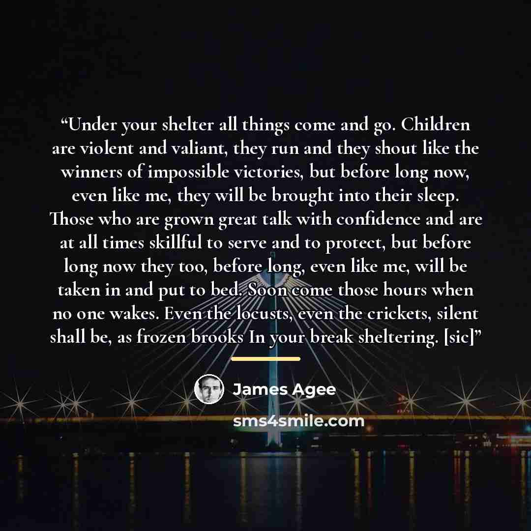 “Under your shelter all things come and go. Children are violent and valiant, they run and they shout like the winners of impossible victories, but before long now, even like me, they will be brought into their sleep. Those who are grown great talk with confidence and are at all times skillful to…” quote by James Agee