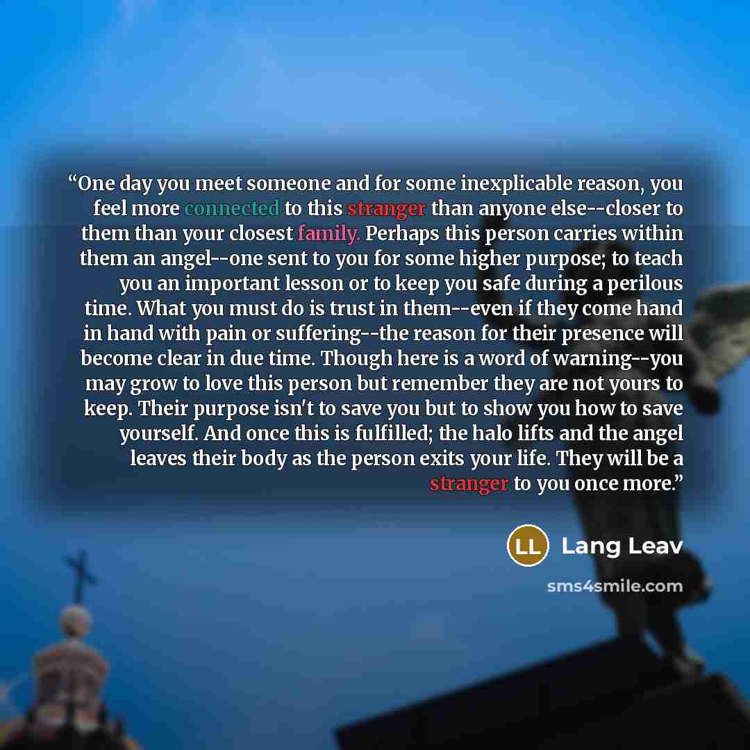 “One day you meet someone and for some inexplicable reason, you feel more connected to this stranger than anyone else--closer to them than your closest family. Perhaps this person carries within them an angel--one sent to you for some higher purpose; to teach you an important lesson or to keep you…” quote by Lang Leav