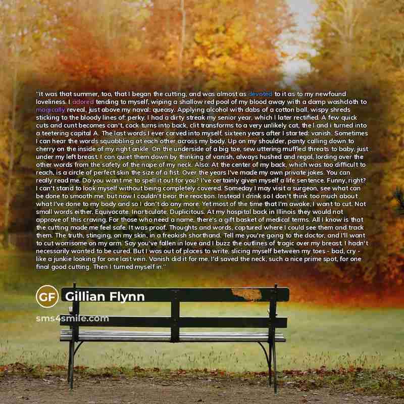 “It was that summer, too, that I began the cutting, and was almost as devoted to it as to my newfound loveliness. I adored tending to myself, wiping a shallow red pool of my blood away with a damp washcloth to magically reveal, just above my naval: queasy. Applying alcohol with dabs of a cotton…” quote by Gillian Flynn