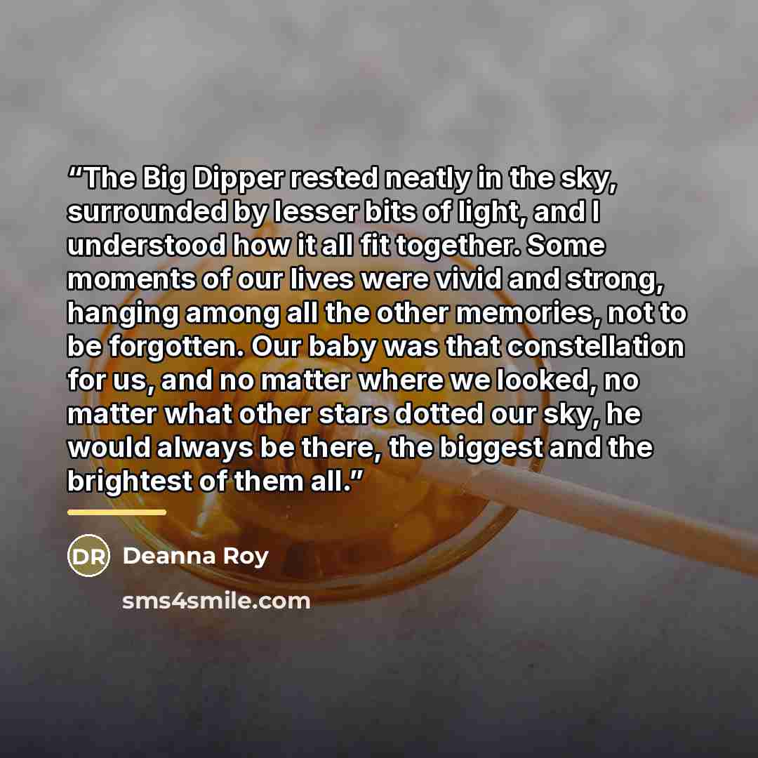 “The Big Dipper rested neatly in the sky, surrounded by lesser bits of light, and I understood how it all fit together. Some moments of our lives were vivid and strong, hanging among all the other memories, not to be forgotten. Our baby was that constellation for us, and no matter where we looked…” quote by Deanna Roy