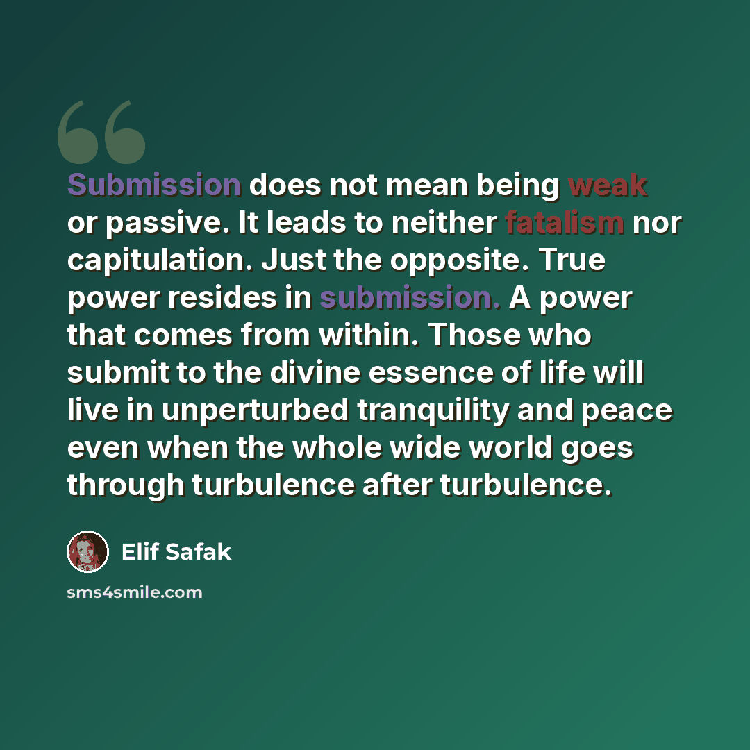 “Submission does not mean being weak or passive. It leads to neither fatalism nor capitulation. Just the opposite. True power resides in submission. A power that comes from within. Those who submit to the divine essence of life will live in unperturbed tranquility and peace even when the whole wide…” quote by Elif Safak