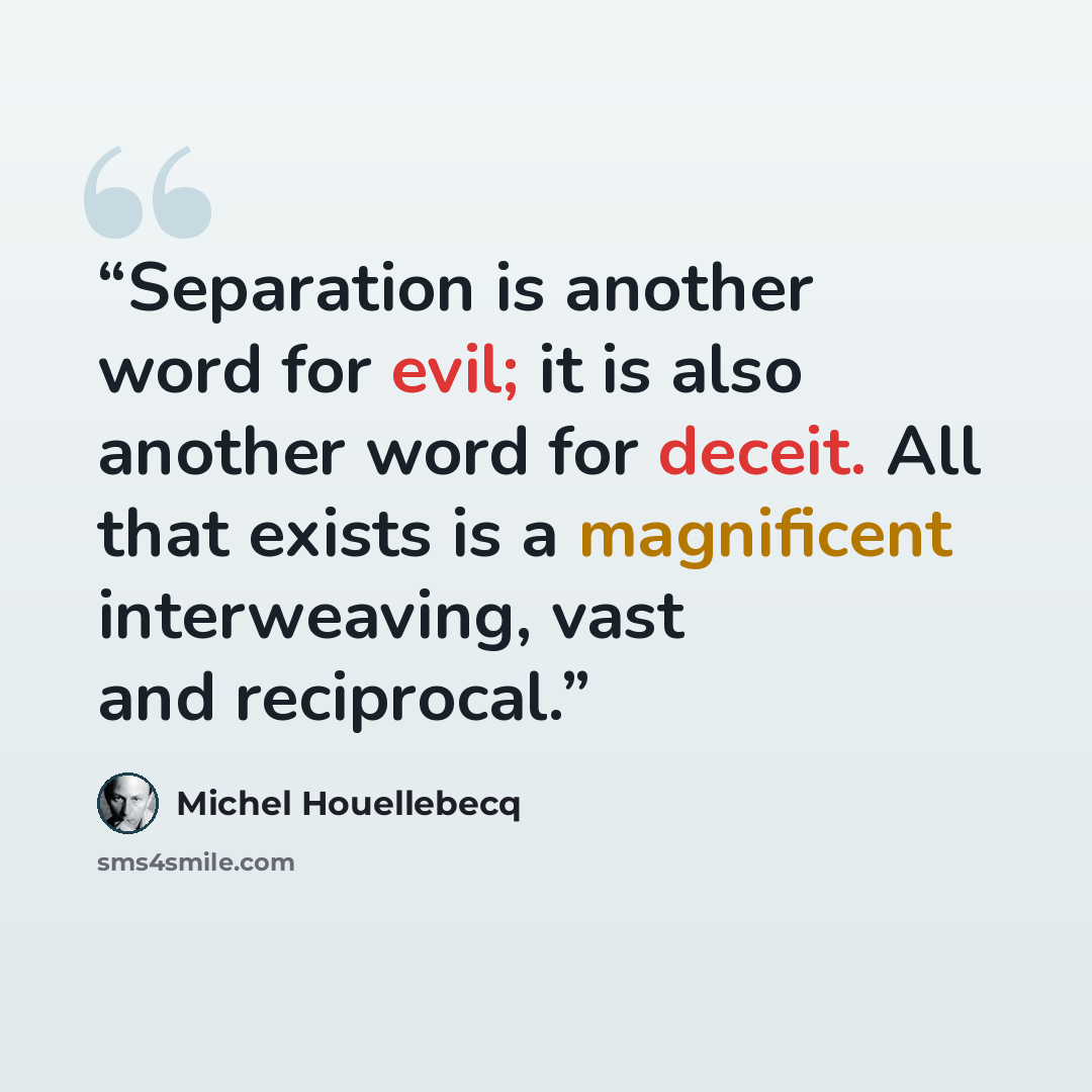 “Separation is another word for evil; it is also another word for deceit. All that exists is a magnificent interweaving, vast and reciprocal.” quote by Michel Houellebecq