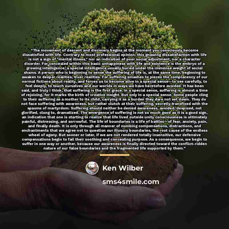 “The movement of descent and discovery begins at the moment you consciously become dissatisfied with life. Contrary to most professional opinion, this gnawing dissatisfaction with life is not a sign of "mental illness," nor an indication of poor social adjustment, nor a character disorder. For…” quote by Ken Wilber