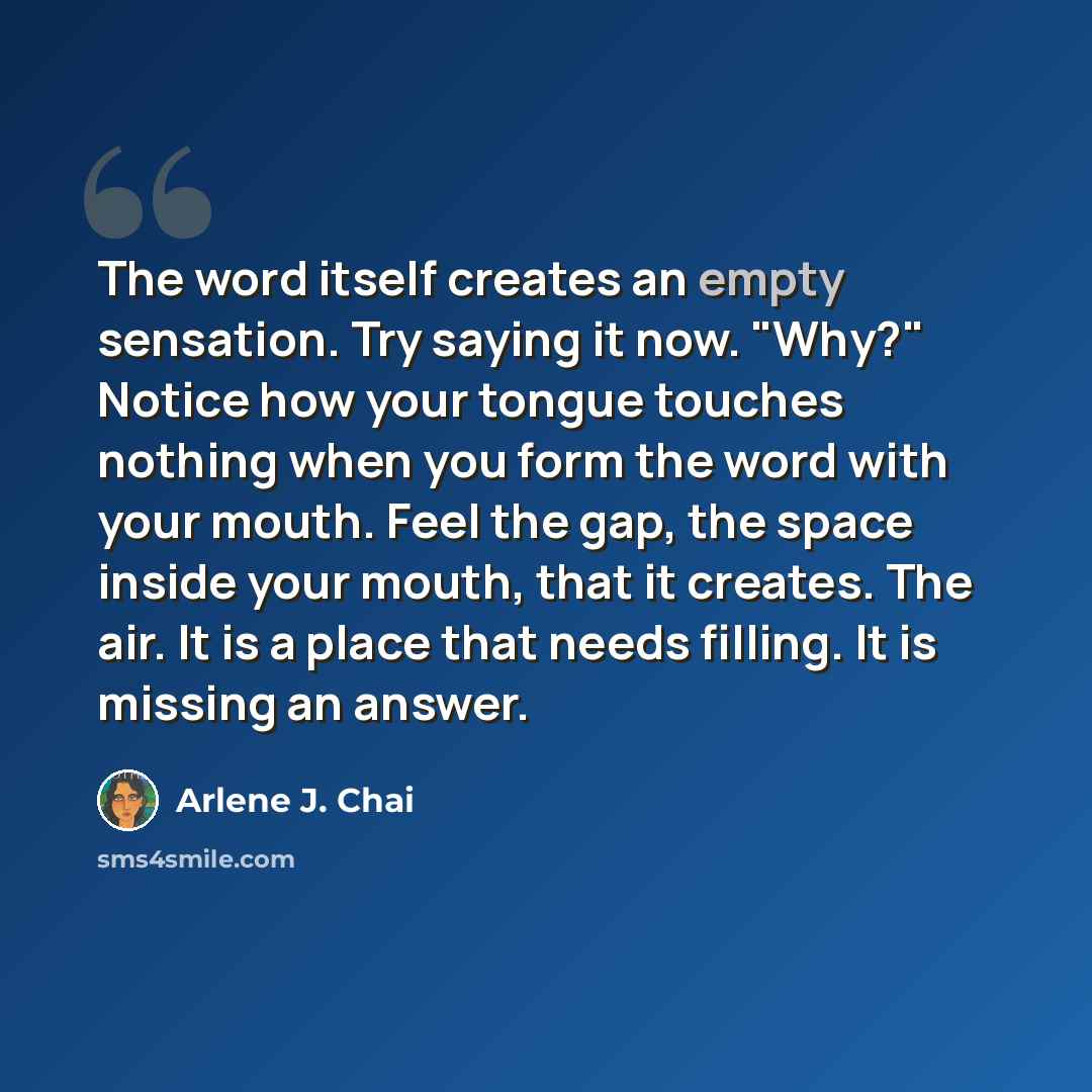 “The word itself creates an empty sensation. Try saying it now. "Why?" Notice how your tongue touches nothing when you form the word with your mouth. Feel the gap, the space inside your mouth, that it creates. The air. It is a place that needs filling. It is missing an answer.” quote by Arlene J. Chai