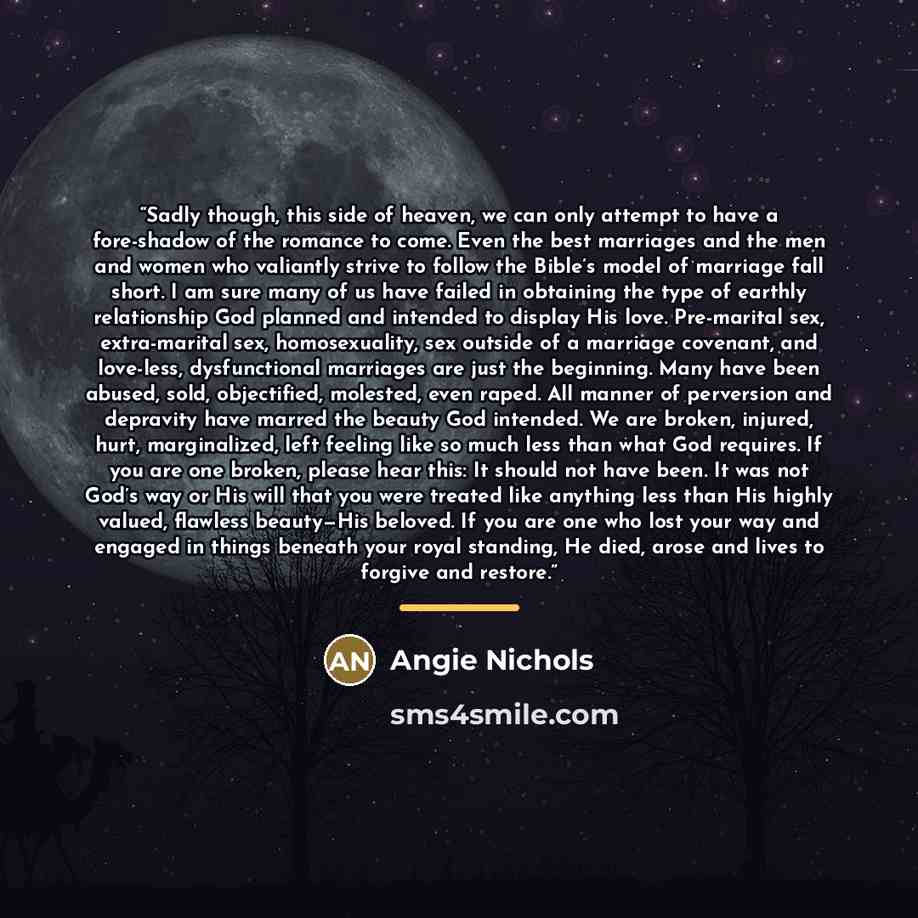 “Sadly though, this side of heaven, we can only attempt to have a fore-shadow of the romance to come. Even the best marriages and the men and women who valiantly strive to follow the Bible’s model of marriage fall short. I am sure many of us have failed in obtaining the type of earthly relationship…” quote by Angie Nichols