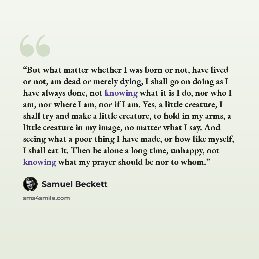 “But what matter whether I was born or not, have lived or not, am dead or merely dying, I shall go on doing as I have always done, not knowing what it is I do, nor who I am, nor where I am, nor if I am. Yes, a little creature, I shall try and make a little creature, to hold in my arms, a little…” quote by Samuel Beckett