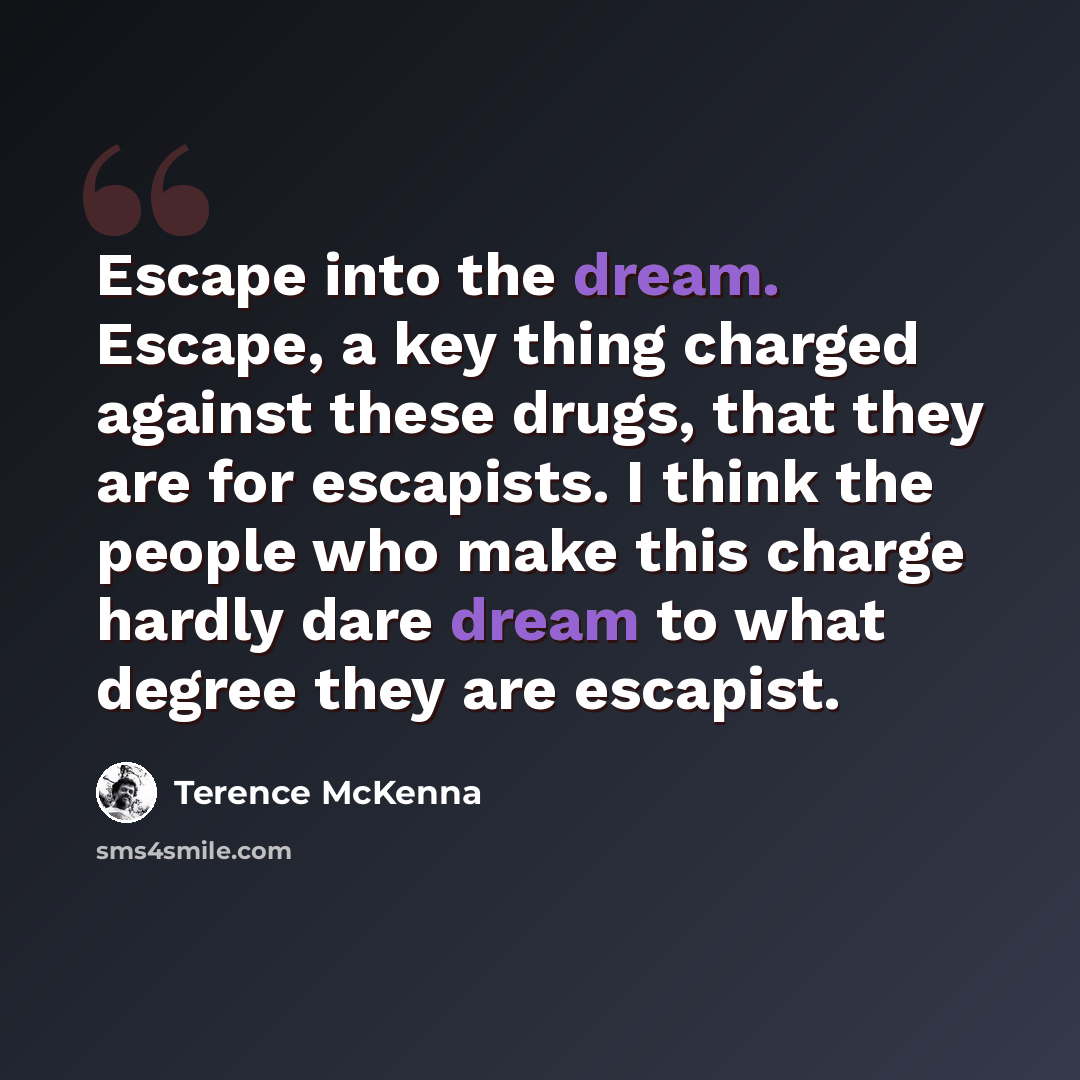 “Escape into the dream. Escape, a key thing charged against these drugs, that they are for escapists. I think the people who make this charge hardly dare dream to what degree they are escapist.” quote by Terence McKenna