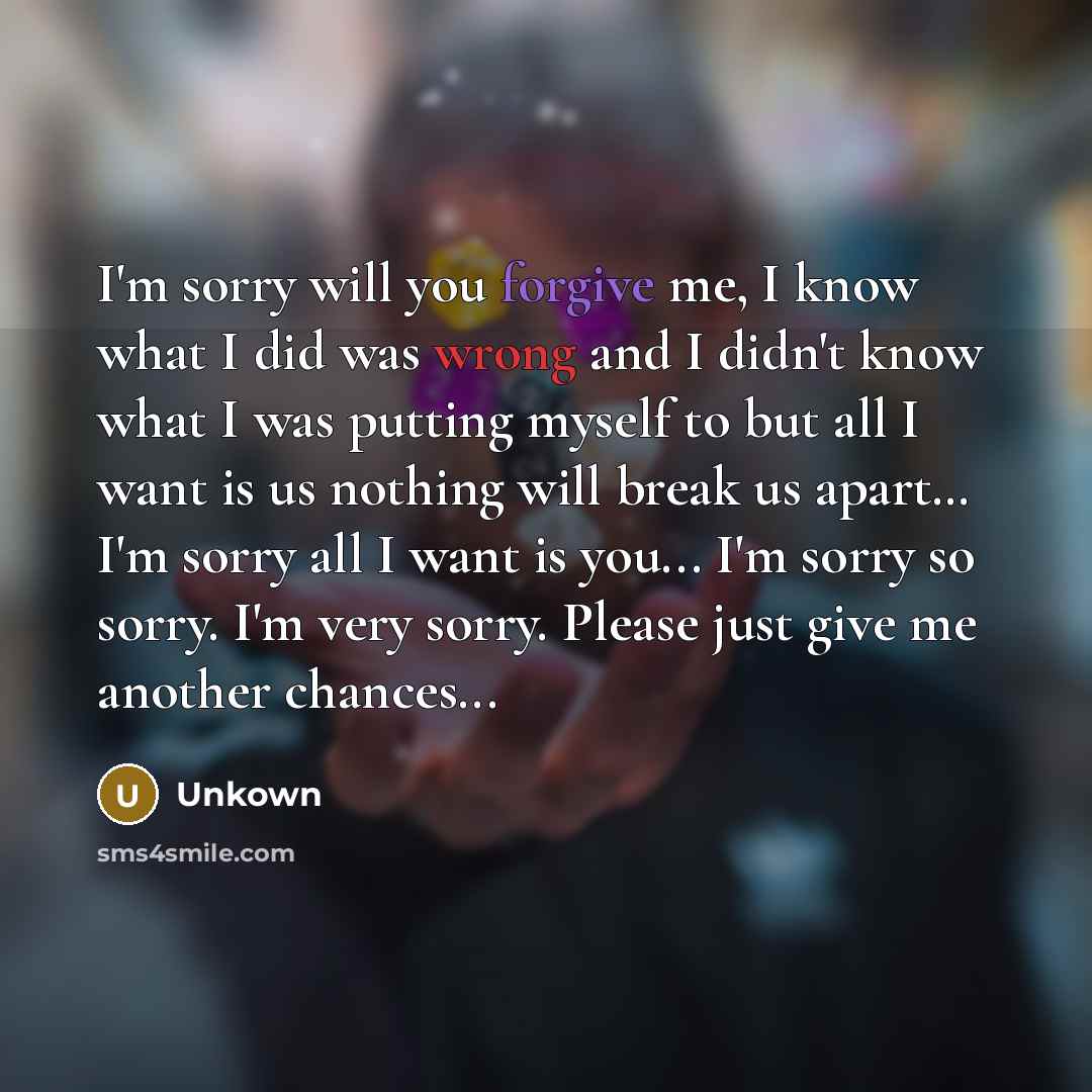 “I'm sorry will you forgive me, I know what I did was wrong and I didn't know what I was putting myself to but all I want is us nothing will break us apart… I'm sorry all I want is you... I'm sorry so sorry. I'm very sorry. Please just give me another chances...” quote by Unkown