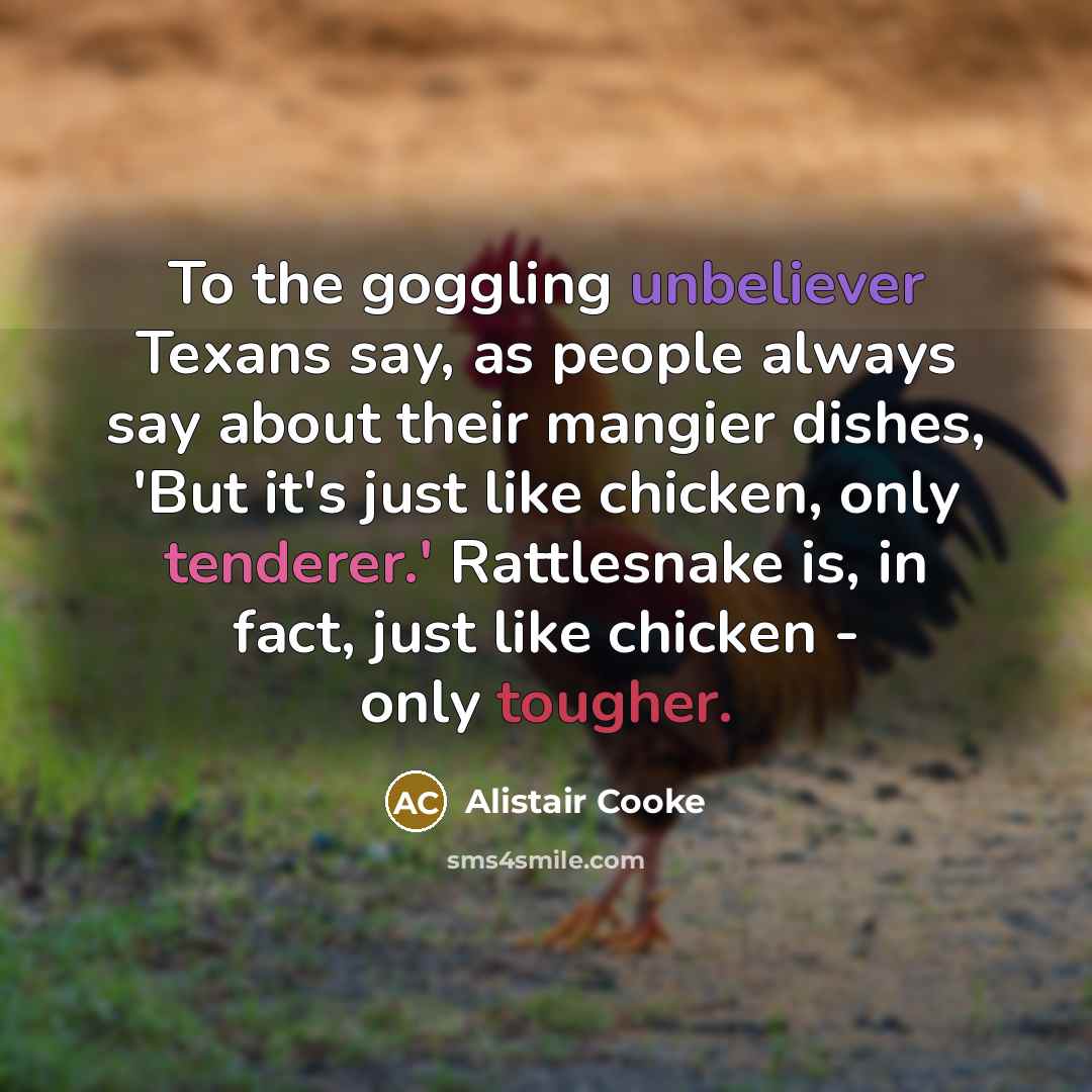 “To the goggling unbeliever Texans say, as people always say about their mangier dishes, 'But it's just like chicken, only tenderer.' Rattlesnake is, in fact, just like chicken - only tougher.” quote by Alistair Cooke