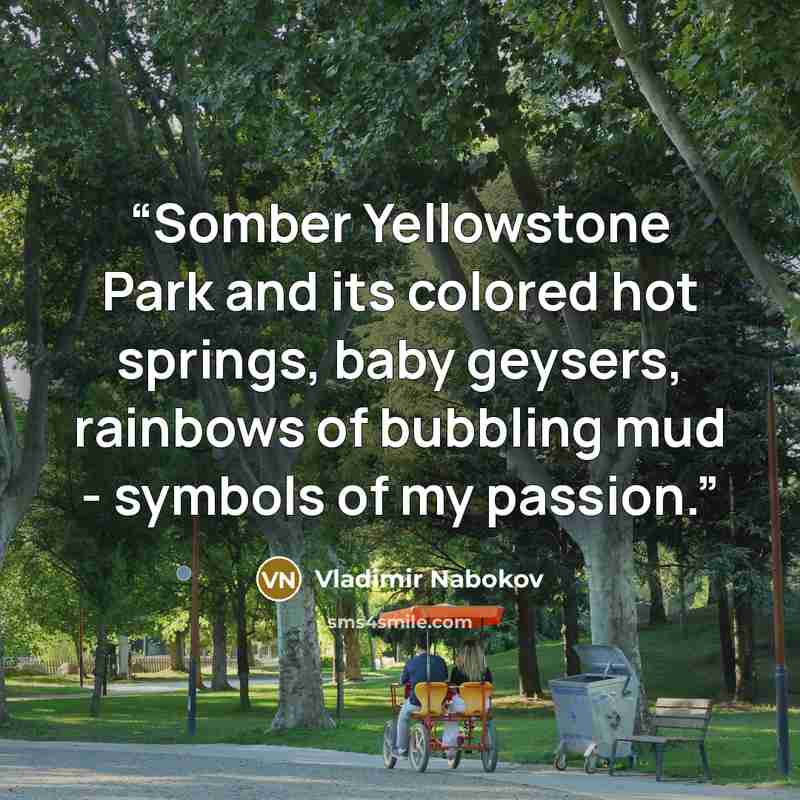 “Somber Yellowstone Park and its colored hot springs, baby geysers, rainbows of bubbling mud - symbols of my passion.” quote by Vladimir Nabokov