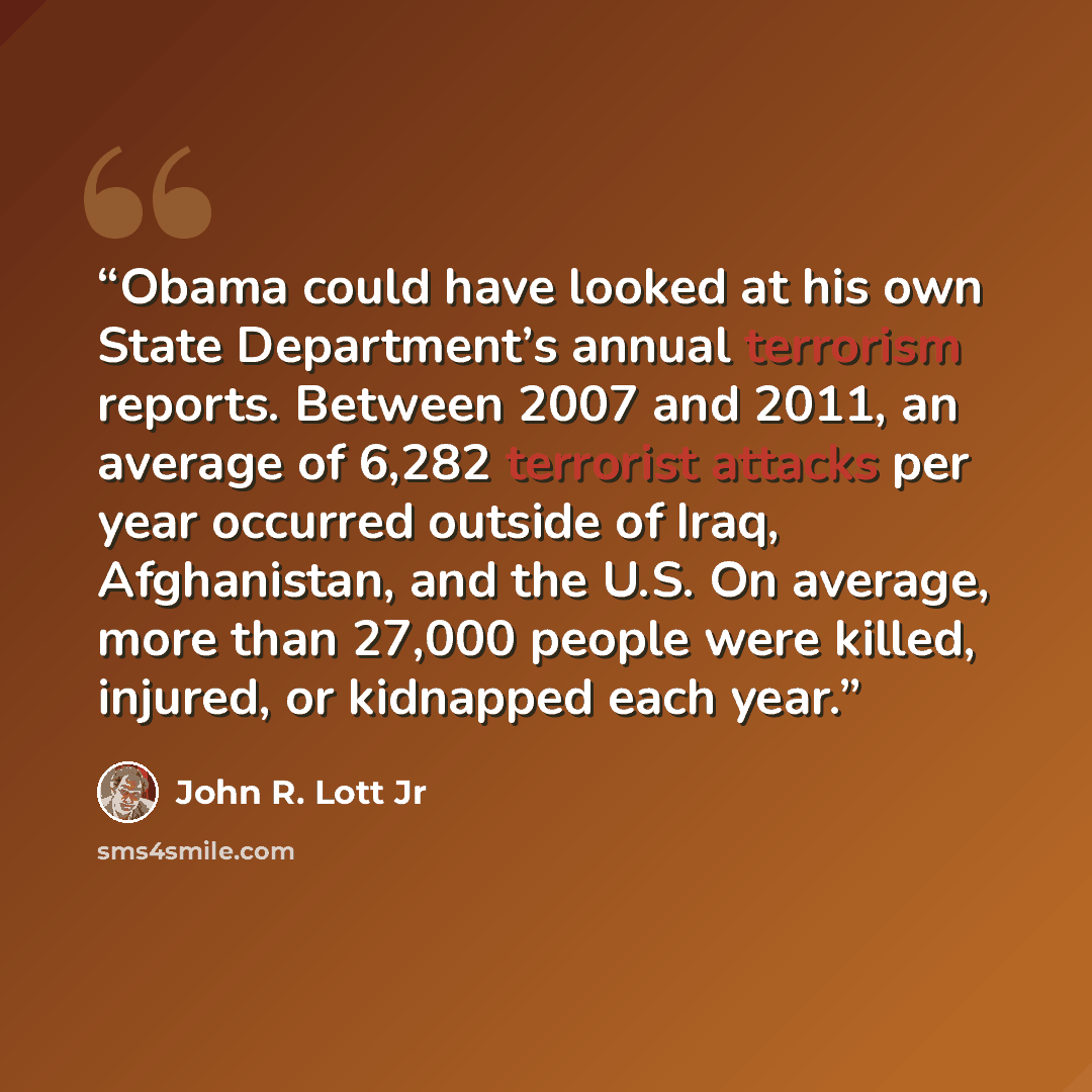 “Obama could have looked at his own State Department’s annual terrorism reports. Between 2007 and 2011, an average of 6,282 terrorist attacks per year occurred outside of Iraq, Afghanistan, and the U.S. On average, more than 27,000 people were killed, injured, or kidnapped each year.” quote by John R. Lott Jr