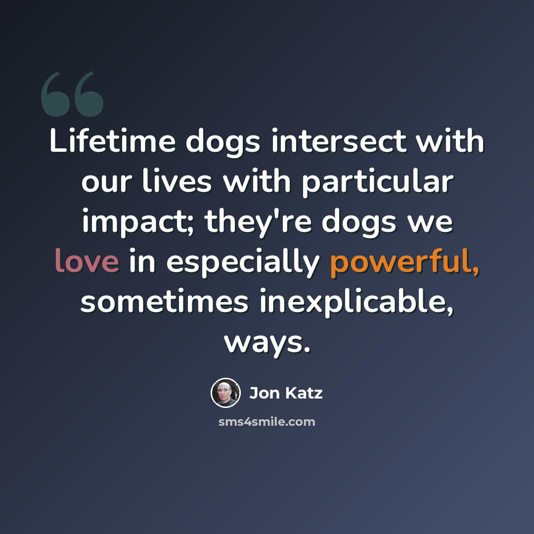 “Lifetime dogs intersect with our lives with particular impact; they're dogs we love in especially powerful, sometimes inexplicable, ways.” quote by Jon Katz