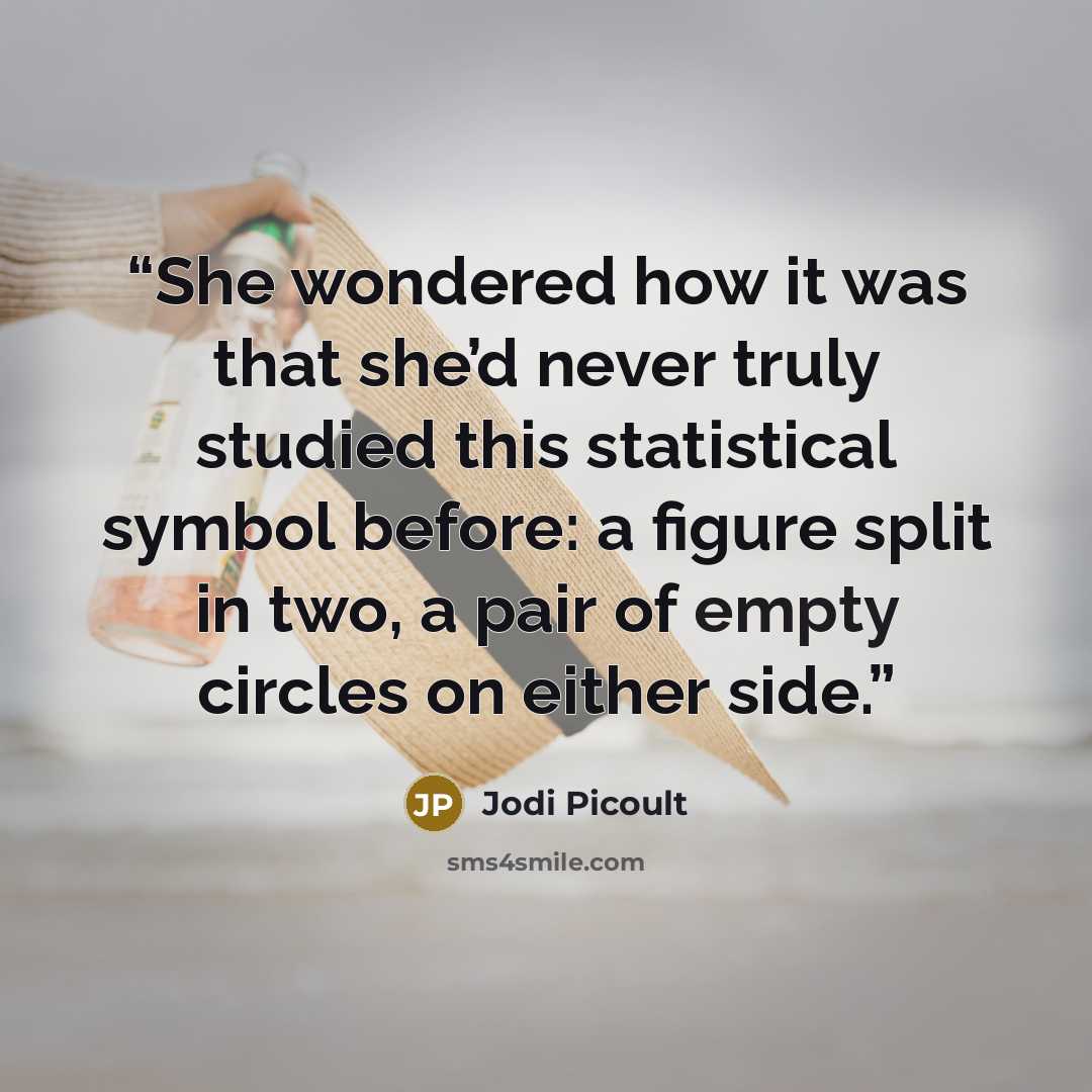 “She wondered how it was that she’d never truly studied this statistical symbol before: a figure split in two, a pair of empty circles on either side.” quote by Jodi Picoult