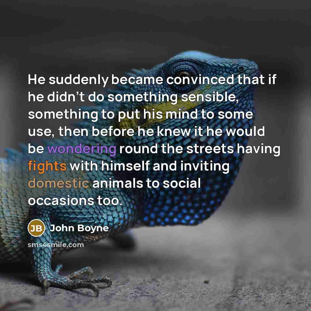 “He suddenly became convinced that if he didn’t do something sensible, something to put his mind to some use, then before he knew it he would be wondering round the streets having fights with himself and inviting domestic animals to social occasions too.” quote by John Boyne