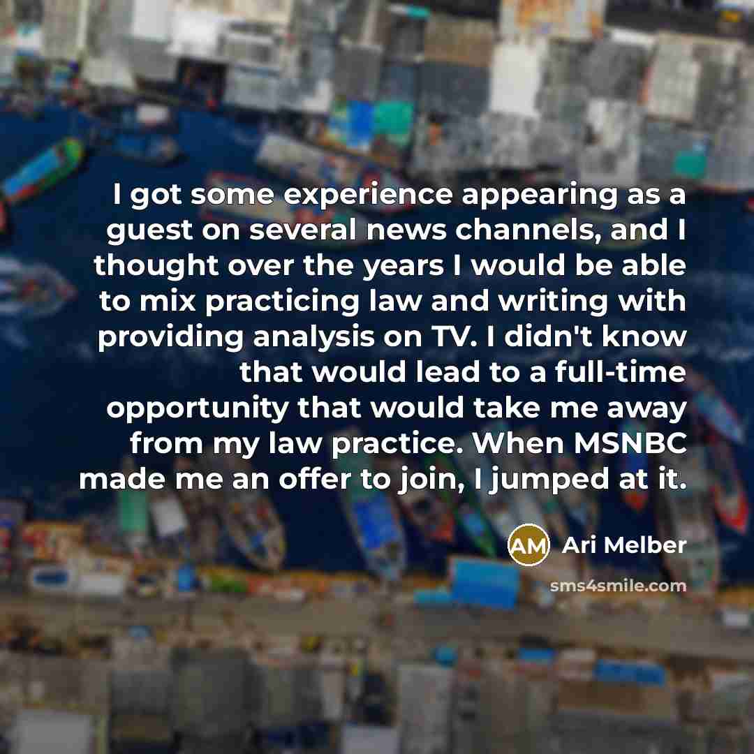 “I got some experience appearing as a guest on several news channels, and I thought over the years I would be able to mix practicing law and writing with providing analysis on TV. I didn't know that would lead to a full-time opportunity that would take me away from my law practice. When MSNBC made…” quote by Ari Melber