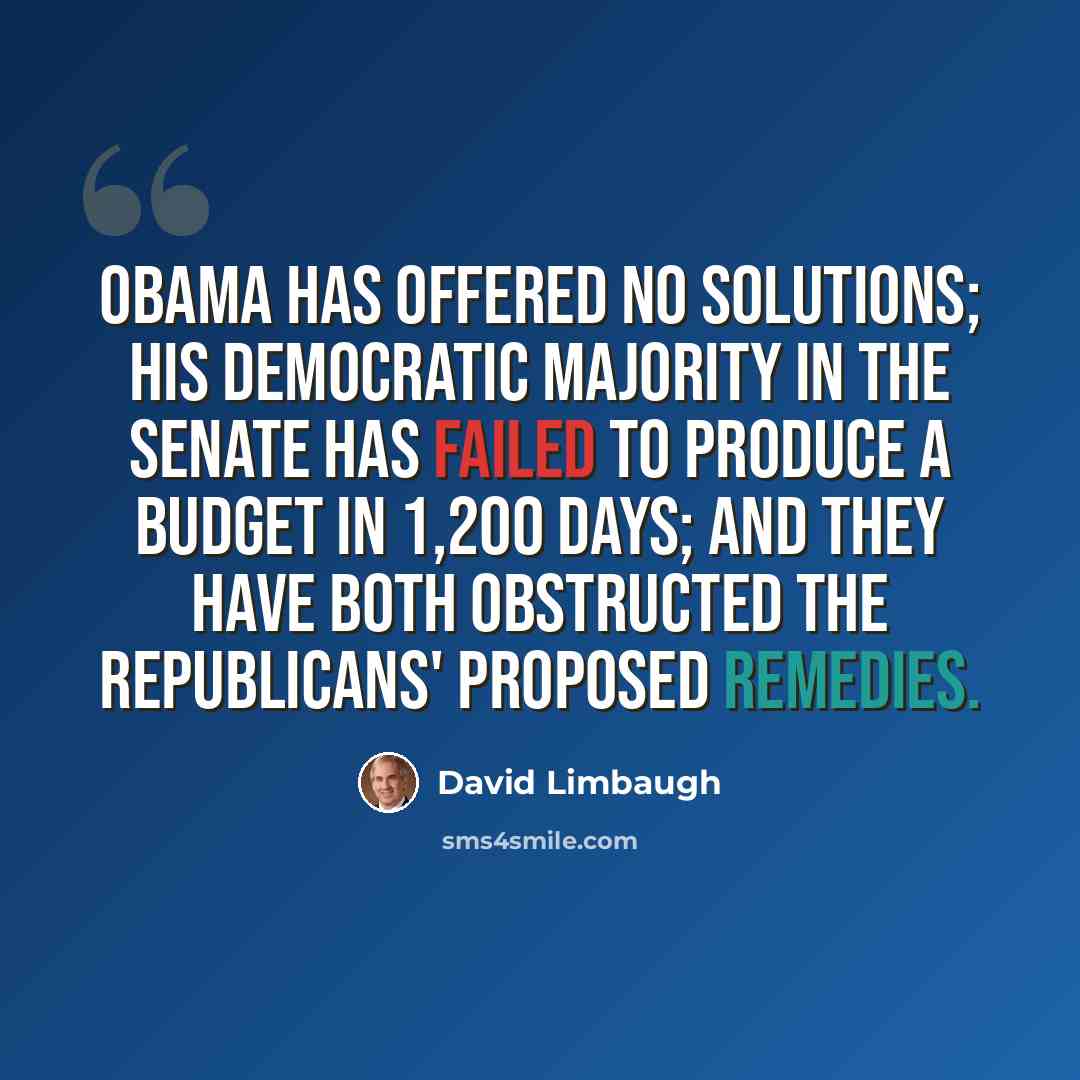 “Obama has offered no solutions; his Democratic majority in the Senate has failed to produce a budget in 1,200 days; and they have both obstructed the Republicans' proposed remedies.” quote by David Limbaugh
