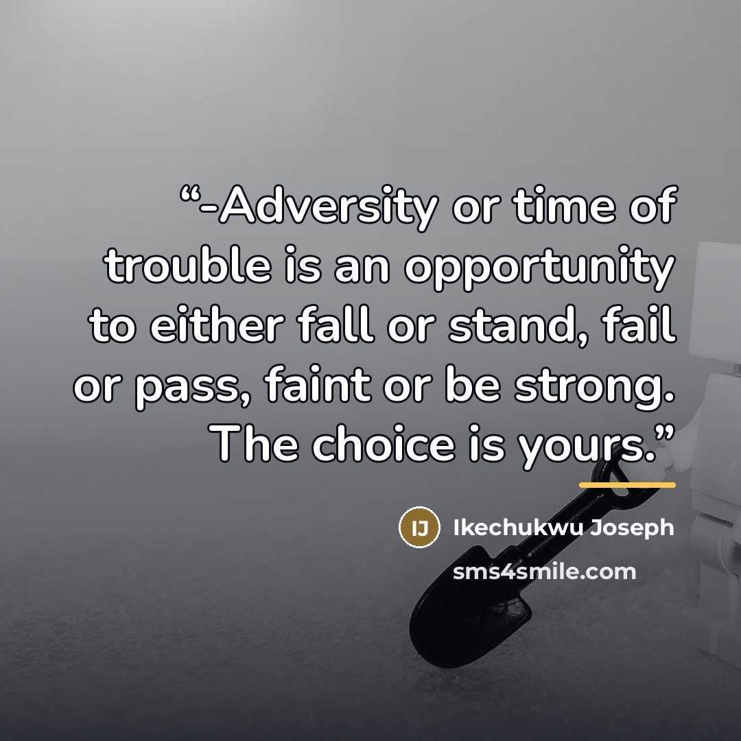 “-Adversity or time of trouble is an opportunity to either fall or stand, fail or pass, faint or be strong. The choice is yours.” quote by Ikechukwu Joseph
