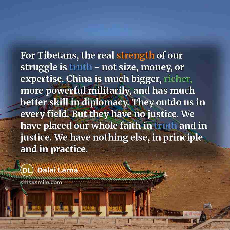 “For Tibetans, the real strength of our struggle is truth - not size, money, or expertise. China is much bigger, richer, more powerful militarily, and has much better skill in diplomacy. They outdo us in every field. But they have no justice. We have placed our whole faith in truth and in justice…” quote by Dalai Lama