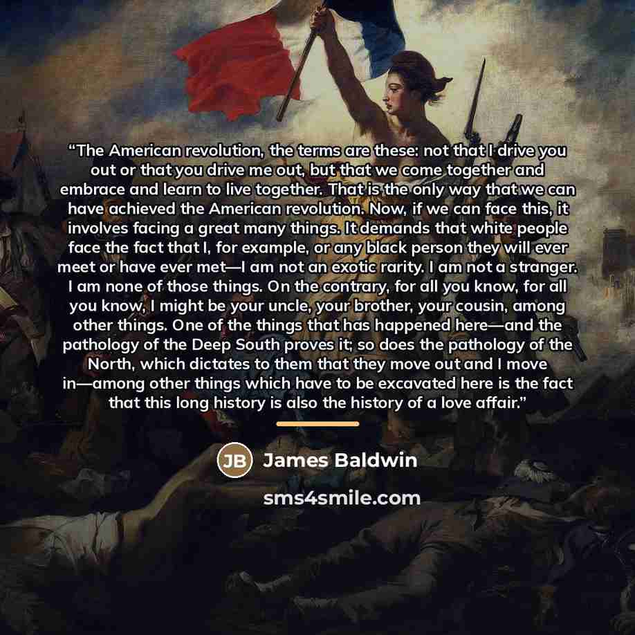 “The American revolution, the terms are these: not that I drive you out or that you drive me out, but that we come together and embrace and learn to live together. That is the only way that we can have achieved the American revolution. Now, if we can face this, it involves facing a great many…” quote by James Baldwin