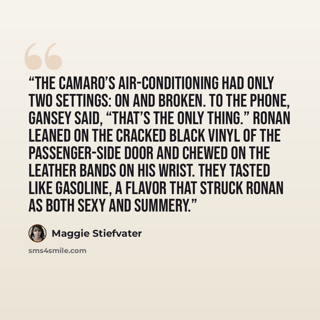 “The Camaro’s air-conditioning had only two settings: on and broken. To the phone, Gansey said, “That’s the only thing.” Ronan leaned on the cracked black vinyl of the passenger-side door and chewed on the leather bands on his wrist. They tasted like gasoline, a flavor that struck Ronan as both…” quote by Maggie Stiefvater