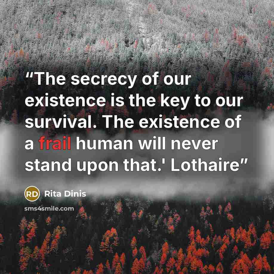 “The secrecy of our existence is the key to our survival. The existence of a frail human will never stand upon that.' Lothaire” quote by Rita Dinis