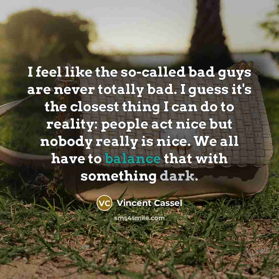 “I feel like the so-called bad guys are never totally bad. I guess it's the closest thing I can do to reality: people act nice but nobody really is nice. We all have to balance that with something dark.” quote by Vincent Cassel
