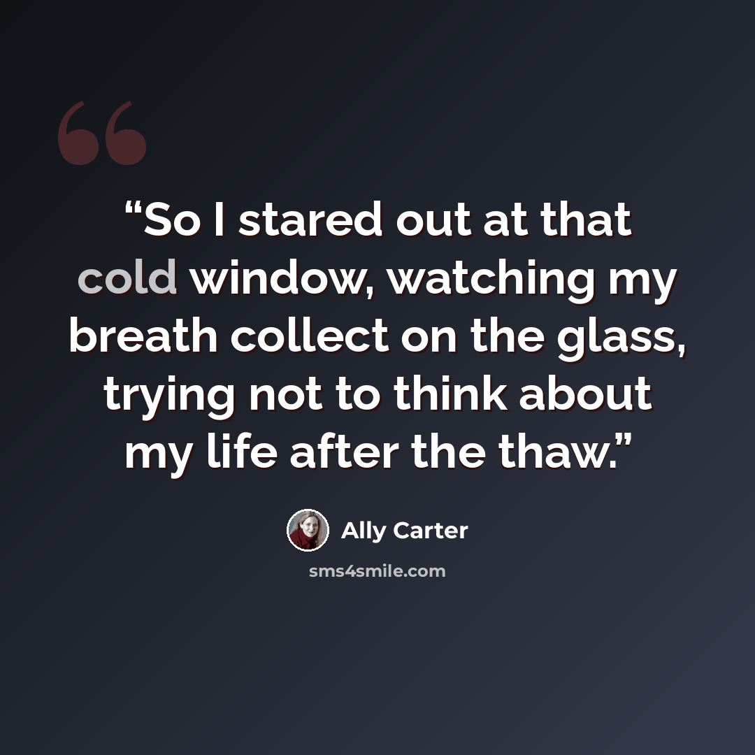 “So I stared out at that cold window, watching my breath collect on the glass, trying not to think about my life after the thaw.” quote by Ally Carter