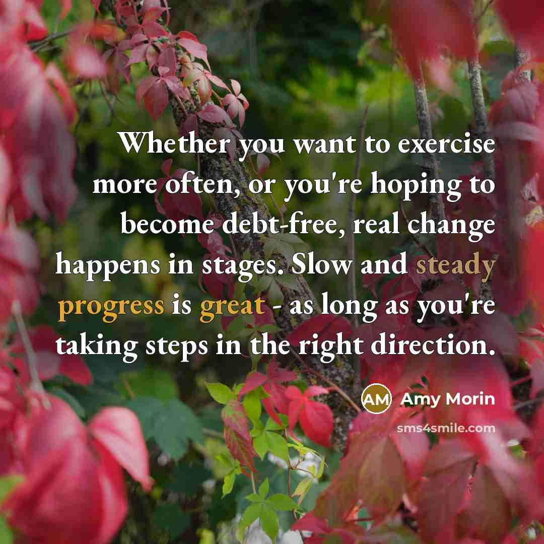 “Whether you want to exercise more often, or you're hoping to become debt-free, real change happens in stages. Slow and steady progress is great - as long as you're taking steps in the right direction.” quote by Amy Morin